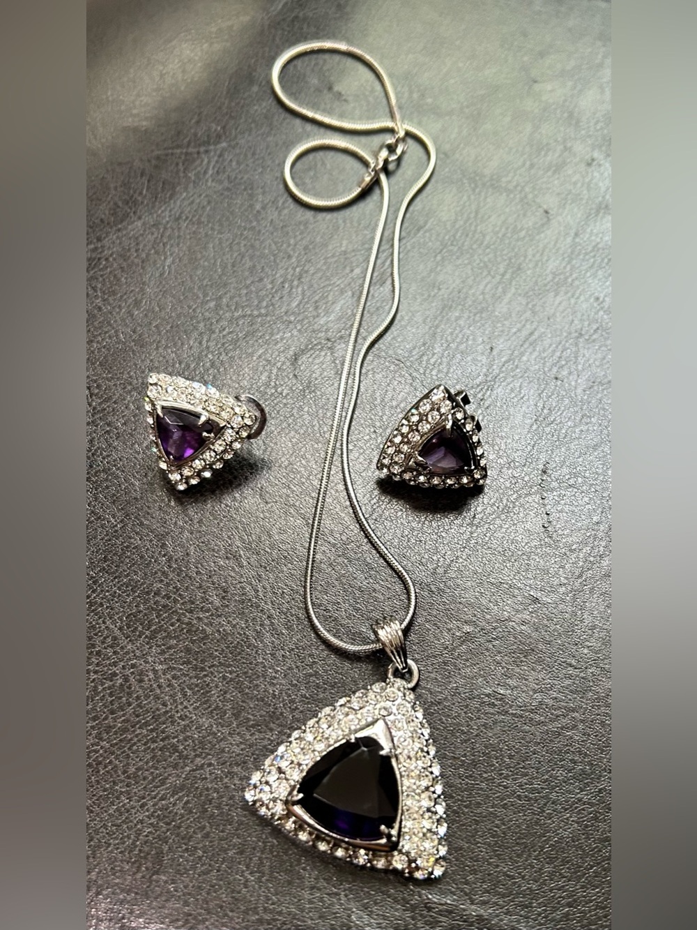 Silver-Tone Purple Triangle Pendant Necklace and Earring Set